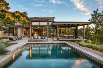 Fototapeta premium Modern hillside home with expansive windows and inviting swimming pool at sunset