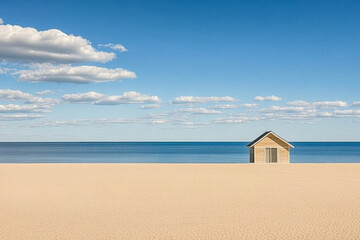 A serene beach with a small hut near the calm ocean under a clear blue sky