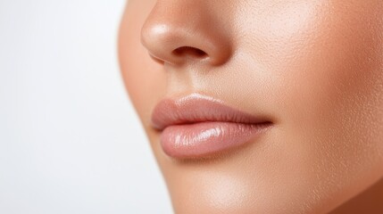 Obraz premium A close-up view of a woman's lips and cheek, showcasing smooth, glowing skin with a subtle sheen.