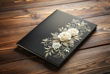 Black funeral guest book with white floral design on wood table

