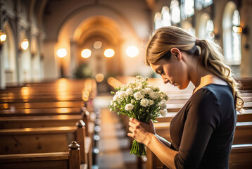 Woman holding white flowers in quiet church during remembrance

