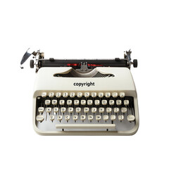 Profile view of a vintage typewriter with 'copyright' label on a white isolated background. transparent background