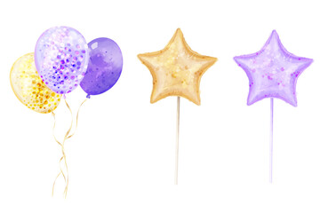 Golden and purple balloons. Beautiful vector watercolor star shaped balloon