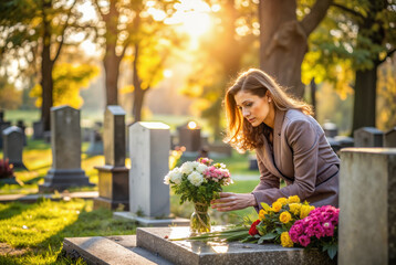 Fototapeta premium Woman placing flowers on grave at cemetery during sunset