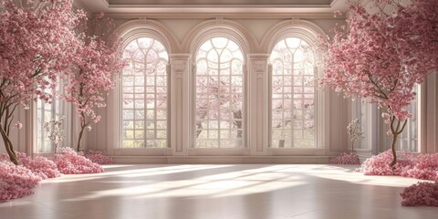 empty room large hall of palace, with white walls and arched windows adorned with pink flowers.empty Luxury Palace Interior,