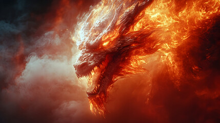 Majestic Crimson Dragon Unleashing Fiery Fury in Apocalyptic Storm - Powerful mythical creature breathing scorching flames amidst billowing smoke and raging tempest,symbolizing destruction,power.