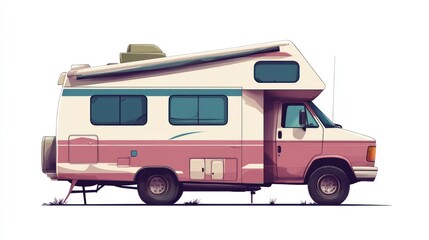A pink and white motorhome with a pop-up roof and a step.