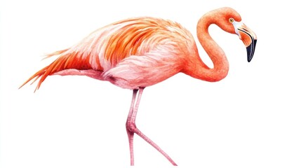 Fototapeta premium A pink flamingo stands on one leg against a white background.