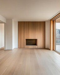 Obraz premium Modern living room with wooden accents and large windows, showcasing minimalist design aesthetics