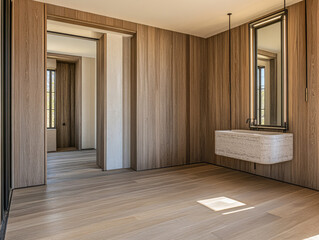 Obraz premium Modern bathroom interior with wooden walls and minimalist sink design in a bright space