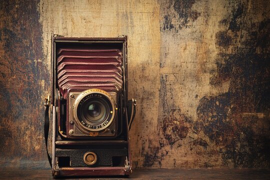 A vintage camera portrait is elegantly showcased against a textured background, celebrating the art of early photography.