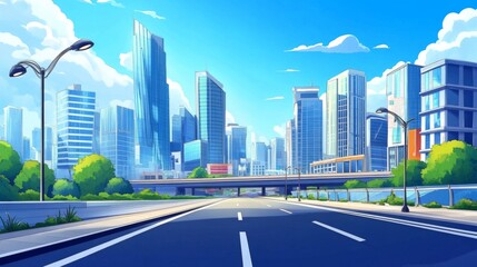 Fototapeta premium Bright blue sky with playful white clouds above a city.