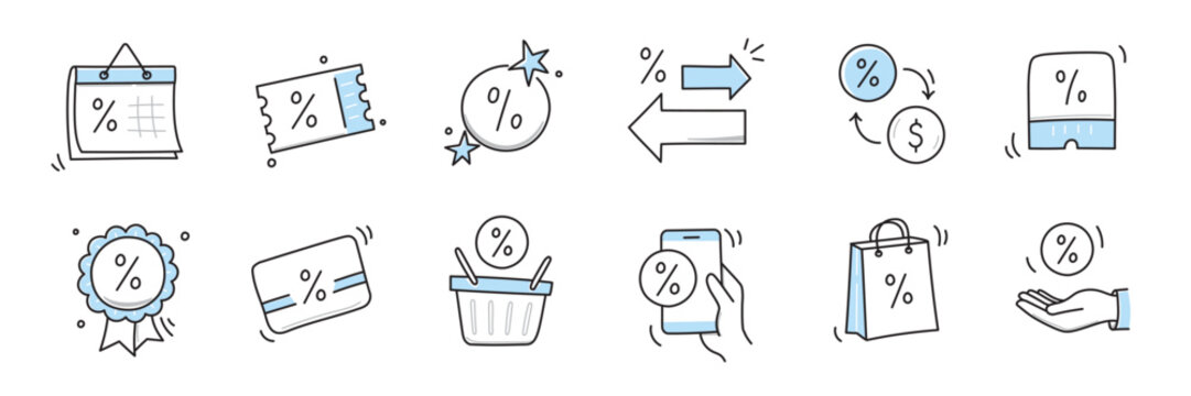 Doodle discount sale icon set. Discount percent, shop sale coupon hand drawn sketch line pen stroke style icon. Special price offer deal sketch doodle drawn collection. Vector illustration