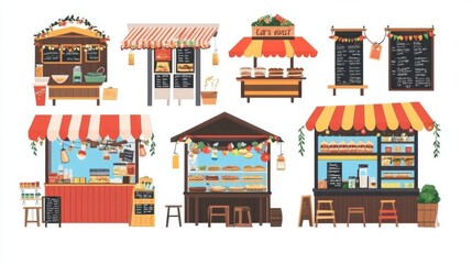 Creative depiction of food stalls featuring awnings, menu boards, and garland lights.