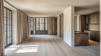 Obraz premium Spacious modern living area with large windows and natural light in a contemporary apartment