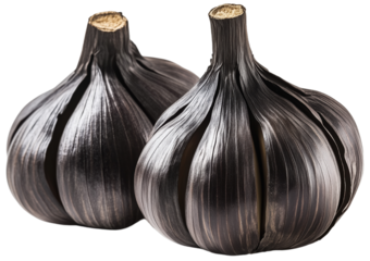 Fermented Black Garlic Bulb and Clove Isolated on Transparent Background for Nutritional Food Projects