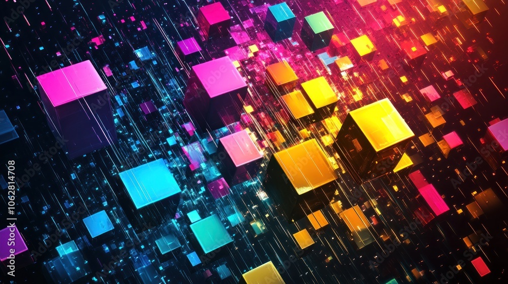 Poster abstract 3d background with colorful cubes and glowing lines.