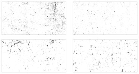 Grunge overlay textures with dust grain isolated on white background. Set of vector paint brush stroke, ink splash and grungy decoration elements