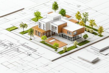 Fototapeta premium Architectural model of a modern house on blueprint, showcasing design and landscaping.