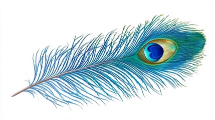 Obraz premium A vibrant, intricately patterned feather against a pristine white backdrop, perfect for creative and decorative uses.