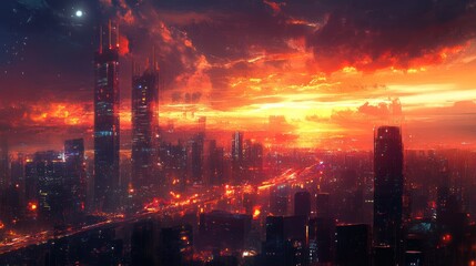 Fototapeta premium A futuristic city skyline at sunset with a fiery sky and glowing lights.
