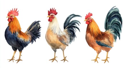 Fototapeta premium Watercolor illustration of three roosters in different colors and poses.
