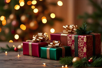 luxury Christmas gifts on the table behind a blurred Christmas ambiance