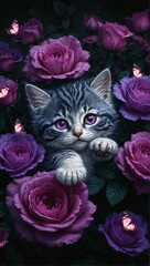 Dark fantasy illustration, a captivating kitten with striking pink eyes, hidden among vibrant purple roses.