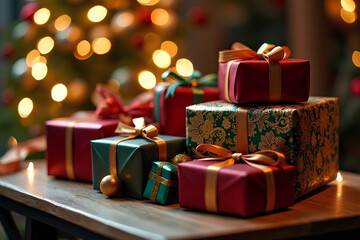 luxury Christmas gifts on the table behind a blurred Christmas ambiance