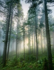  A serene, misty forest scene at dawn, with tall pine trees fading softly into thick fog