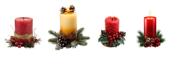 Collection of Christmas candle isolated on transparent background. Generated AI.