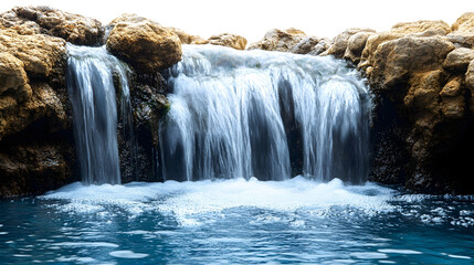 Obraz premium Serene Waterfall Isolated on White Background - Picturesque Natural Scenery Showcasing the Beauty and Power of a Flowing Cascade in a Tranquil,Untamed Setting