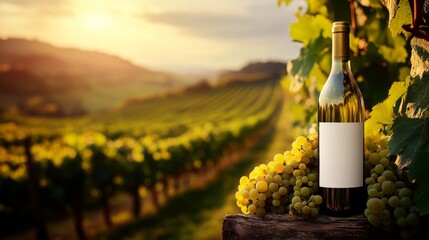Fototapeta premium White wine bottle mock-up set in a sunny vineyard landscape.