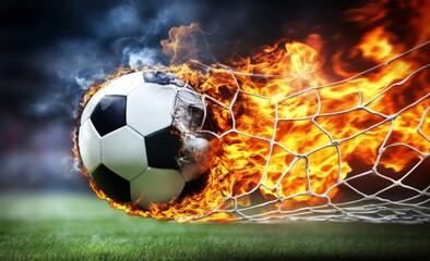 A blazing soccer ball caught in the net. 