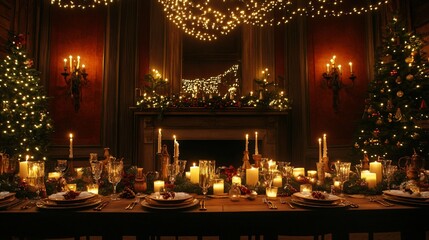 Festive Christmas Dinner Table Setting with Candlelight and Christmas Tree