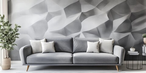 Gray sofa with white pillows in a living room with a textured wall.