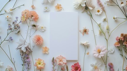 Vertical flat lay of a blank invitation card on a white background, decorated with blooming pastel-colored flowers arranged organically around the card. The floral accents add a gentle and fresh