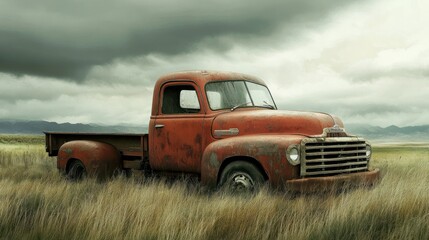 Obraz premium An old, red pickup truck sits in a field of tall grass with a stormy sky in the background.