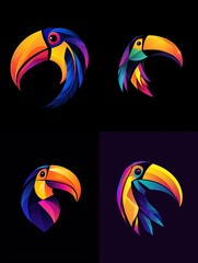 Stylized geometric logo collection showcasing a vibrant toucan head with an oversized beak, symbolizing creativity and nature.