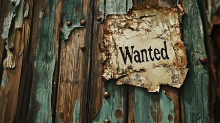 A weathered, torn piece of paper with the word "Wanted" printed on it is tacked to a rustic wooden surface.