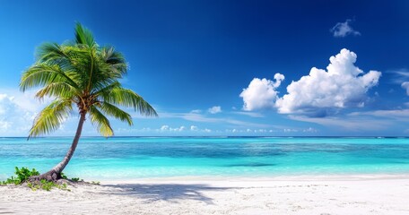 Experience the beauty of a serene beach scene featuring vibrant corals and swaying palms.