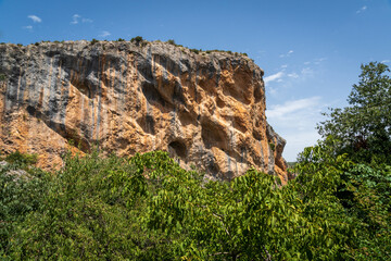 Pasarelas del Vero, walkways and footbridges along a scenic gorge with turquoise water in Alquézar, Huesca, Spain
