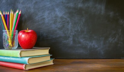 A vibrant apple rests on a stack of books, ready for the school year. 