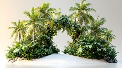 Stunning image of a lush,verdant tropical oasis with vibrant foliage,palm trees,and a serene,tranquil atmosphere,isolated against a pristine white background.
