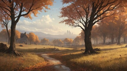 Digital Autumn Landscape Illustration – Vibrant Fall Scenery with Colorful Leaves and Serene Atmosphere