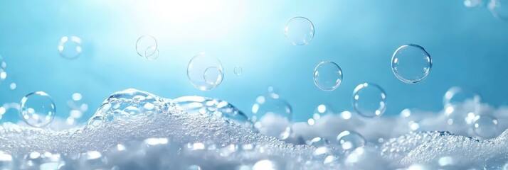 White bubbles on a blue background, soap foam bubbles floating in the air	
