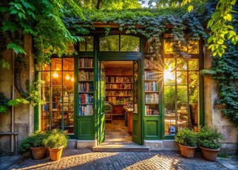 Fototapeta premium Charming Bookshop Front with Open Door and Dappled Sunlight