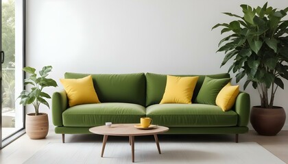A modern green sofa with yellow throw pillows in a minimalist living room with white walls and a wooden coffee table.