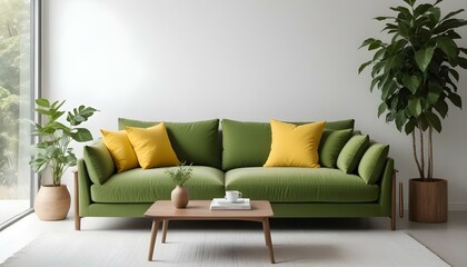 A modern green sofa with yellow throw pillows in a minimalist living room with white walls and a wooden coffee table.