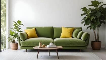 A modern green sofa with yellow throw pillows in a minimalist living room with white walls and a wooden coffee table.